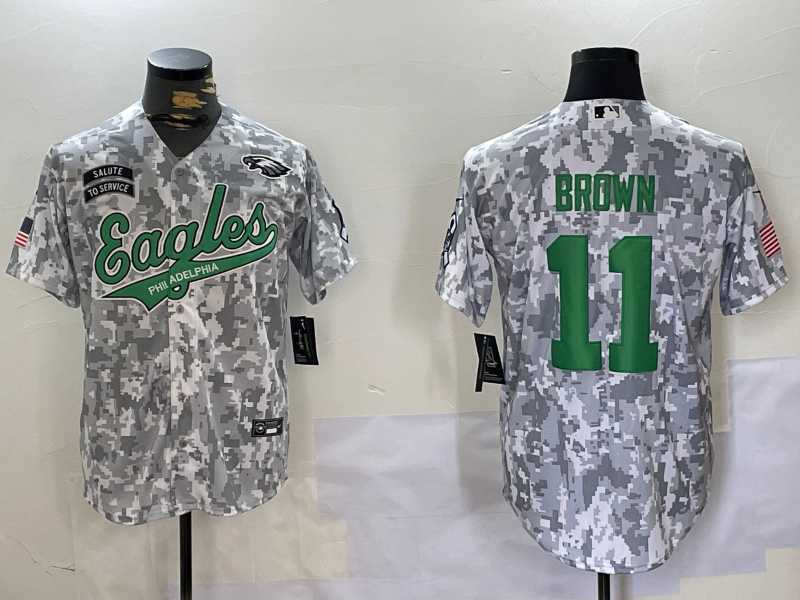 Mens Philadelphia Eagles #11 AJ Brown Arctic Camo 2024 Salute to Service Stitched Baseball Jersey